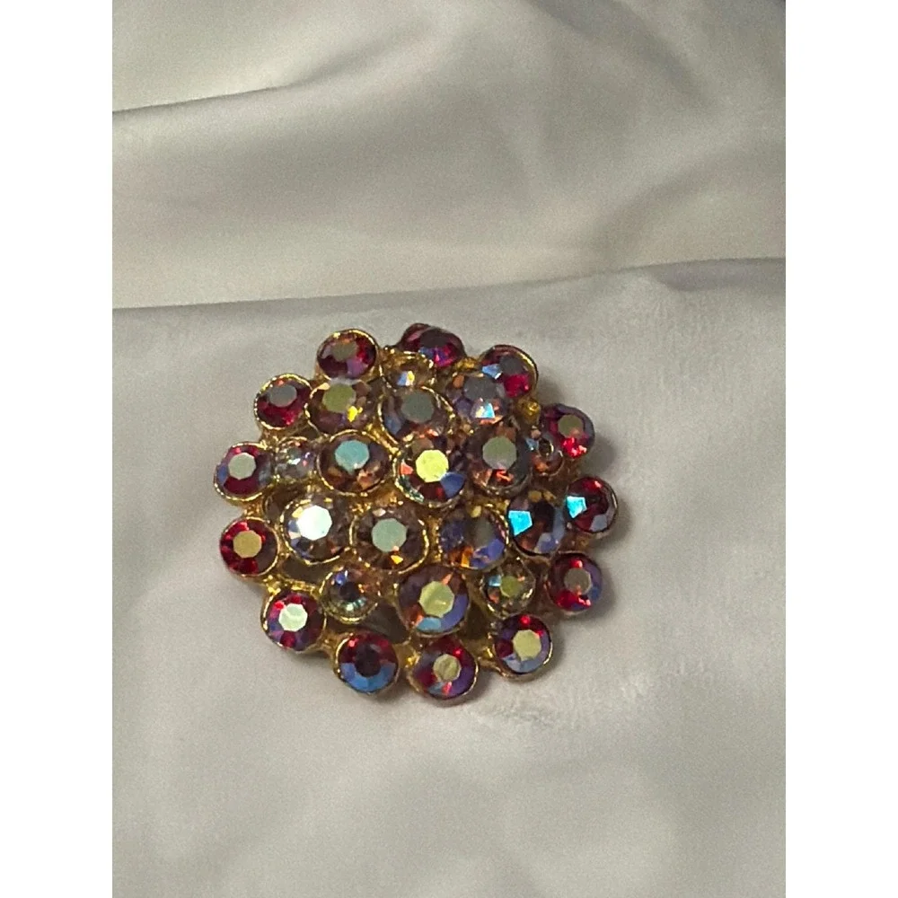 Vintage Aurora Borealis Rhinestone Brooch Gold Tone Domed Floral Cluster Pin